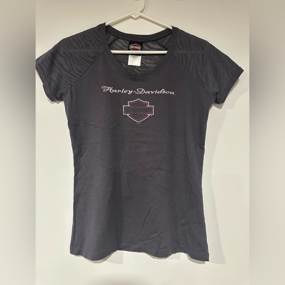 Harley Davidson Shirt Womens Medium Gray Pink Tiger Stripes Graphic Biker